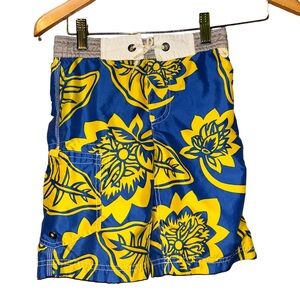 Mini Boden boys Hawaiian tropical blue yellow swim shorts trunks size 4/5 kids